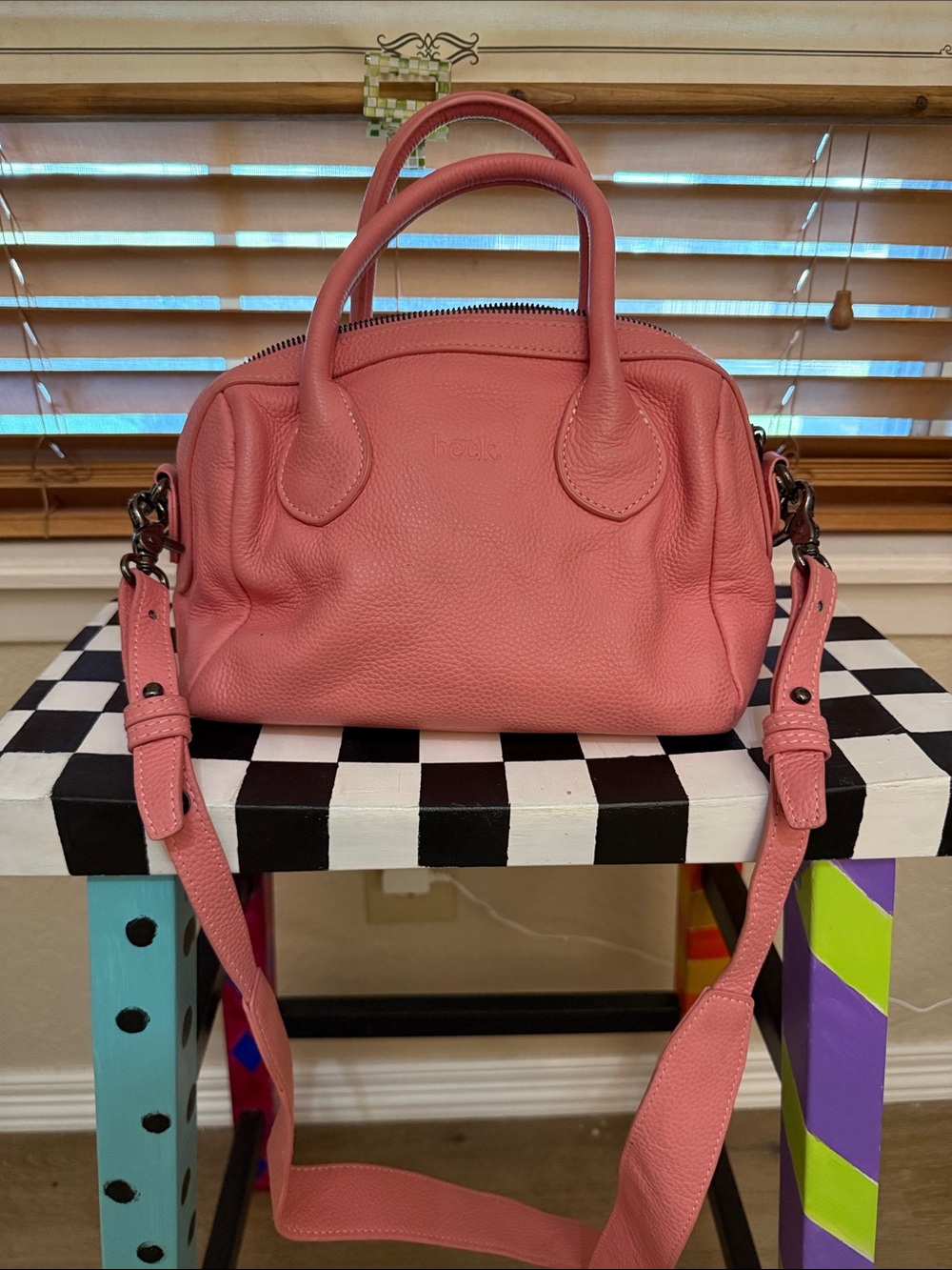 Beck Coral Pink Pebbled Leather Satchel with Detachable Strap
